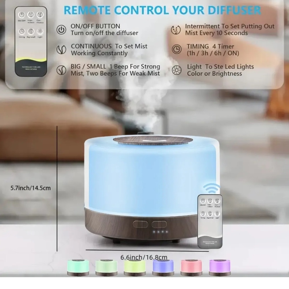 Diffuser + 6 Essential Oils + USB cable Ultrasonic Remote Control NEW - Picture 4 of 6